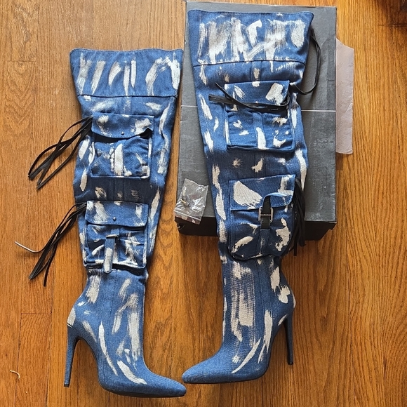 Shoes - Stylish Detroit Denim and Silver Over the Knee Boots Sz 7.5